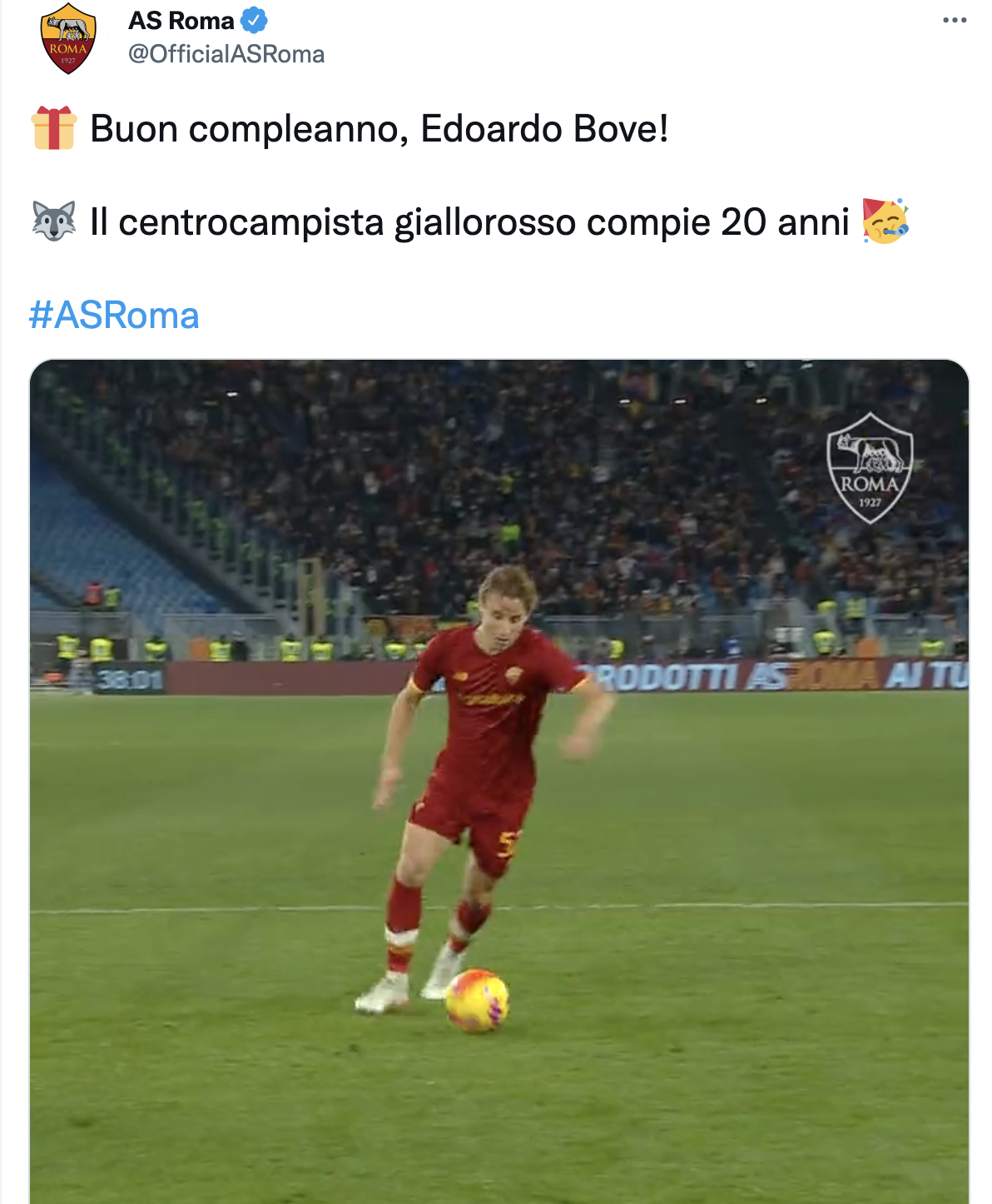 Roma, gli auguri su Twitter al centrocampista Edoardo Bove